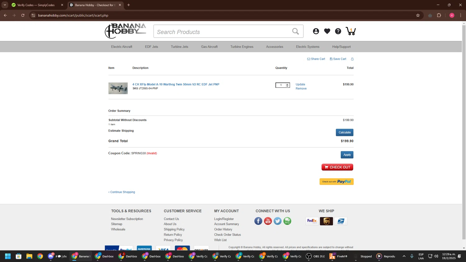 Banana Hobby discount code screenshot showing code SPRING30 applied at Banana Hobby checkout page. Uploaded by SimplyCodes community member TreasureWarden457 on Feb 19, 2025