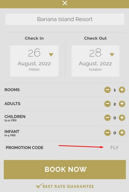 Banana Island Resort Doha checkout page showing Banana Island Resort Doha promo code box | Screenshot taken by SimplyCodes community member on Sep 24, 2022