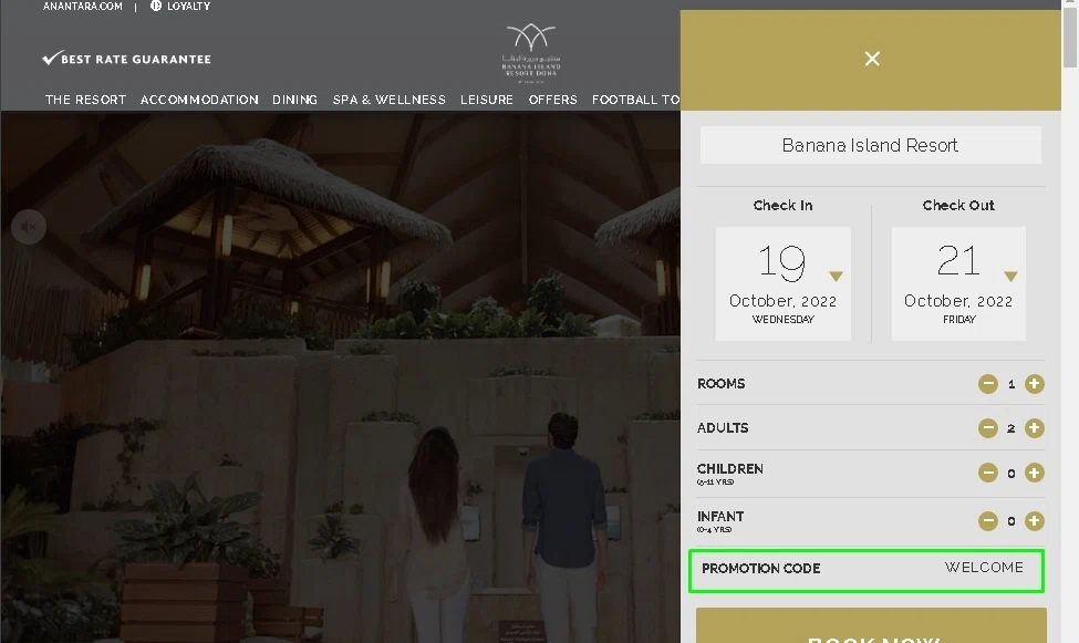 Banana Island Resort Doha checkout page showing Banana Island Resort Doha promo code box | Screenshot taken by SimplyCodes community member on Oct 19, 2022