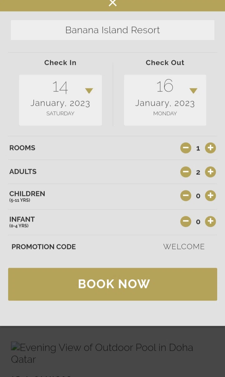 Banana Island Resort Doha checkout page showing Banana Island Resort Doha promo code box | Screenshot taken by SimplyCodes community member on Jan 14, 2023
