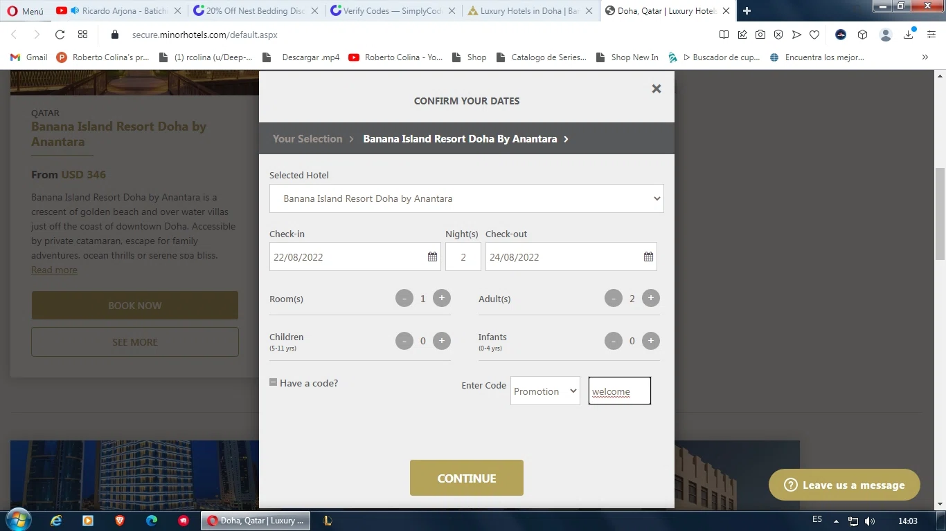 Banana Island Resort Doha checkout page showing Banana Island Resort Doha promo code box | Screenshot taken by SimplyCodes community member on Aug 22, 2022