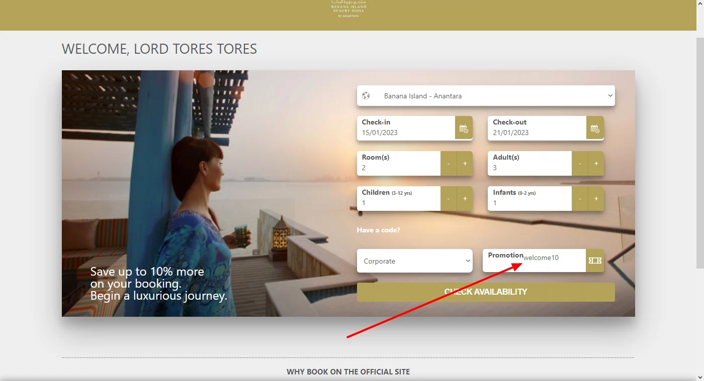 Banana Island Resort Doha checkout page showing Banana Island Resort Doha promo code box | Screenshot taken by SimplyCodes community member on Dec 27, 2022