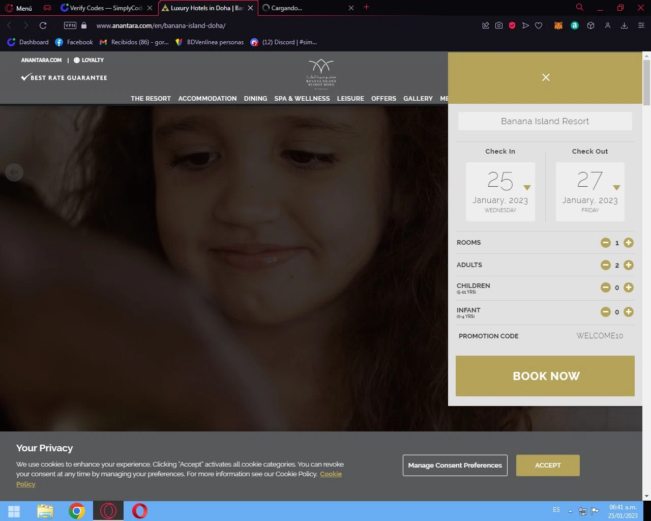 Banana Island Resort Doha checkout page showing Banana Island Resort Doha promo code box | Screenshot taken by SimplyCodes community member on Jan 25, 2023