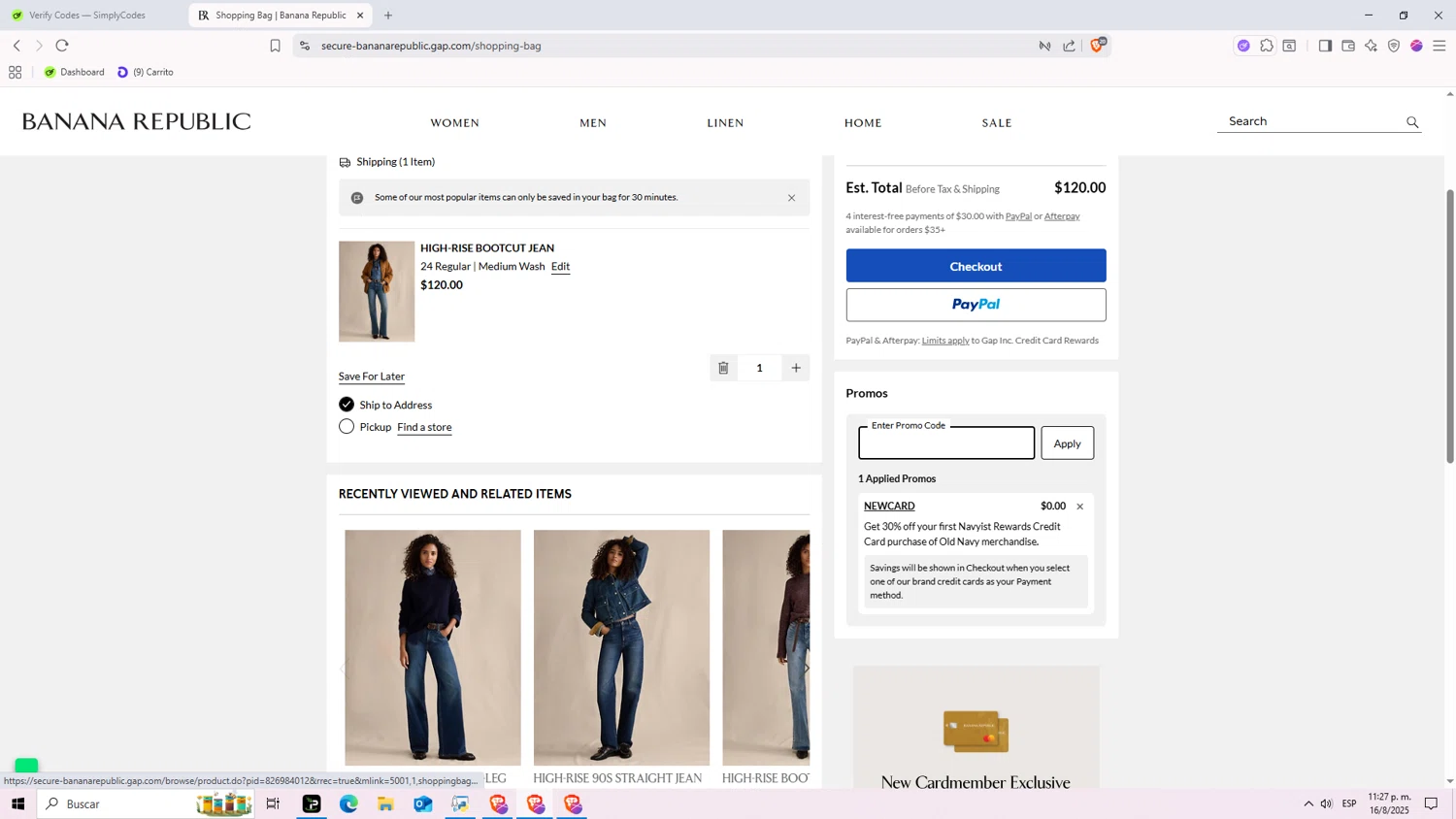 Banana Republic promo code screenshot showing code NEWCARD applied at Banana Republic checkout page. Uploaded by SimplyCodes community member Nezukooo on Aug 17, 2025