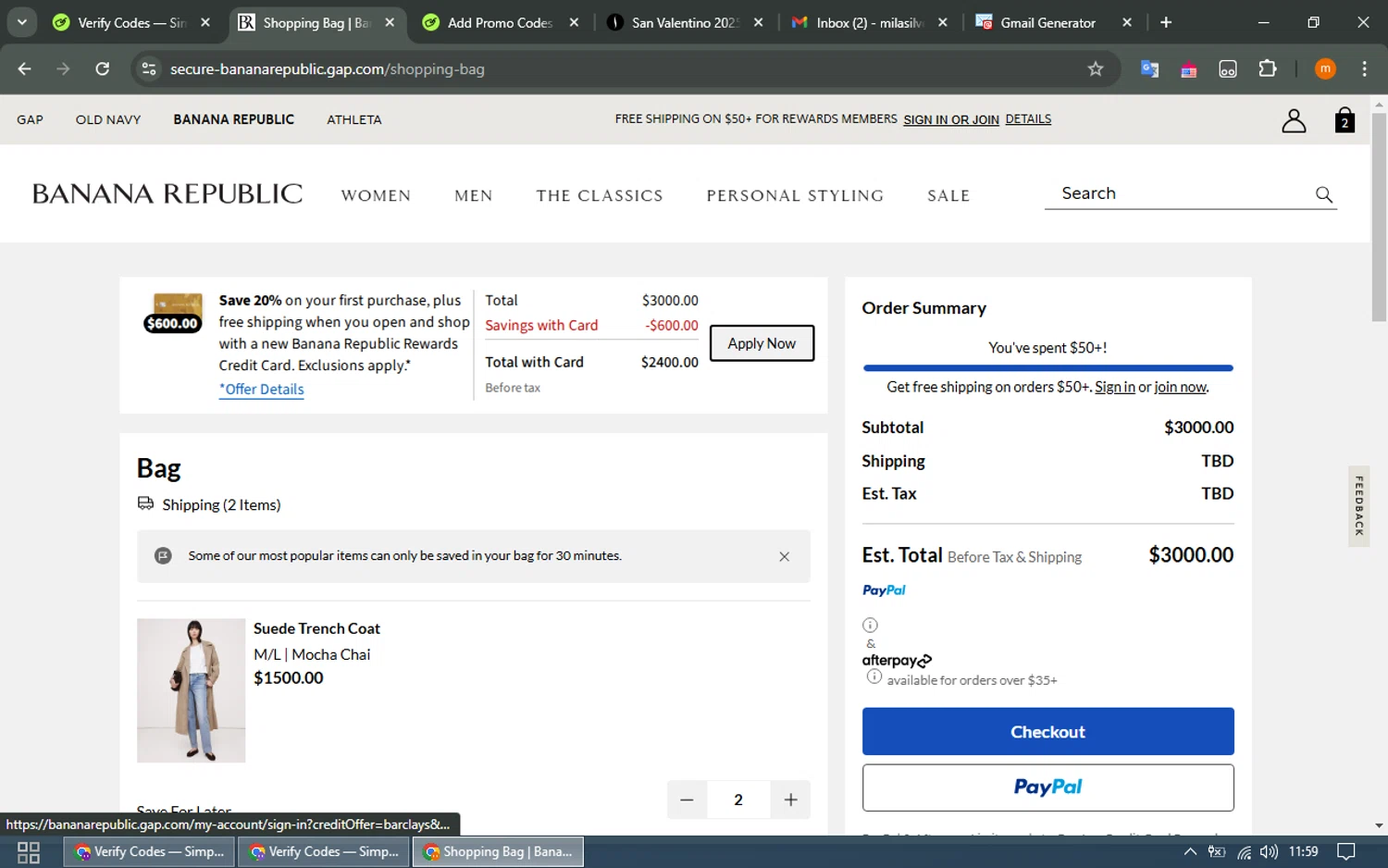 Banana Republic promo code screenshot showing code NEWCARD applied at Banana Republic checkout page. Uploaded by SimplyCodes community member EpicTracker8800 on Feb 3, 2025