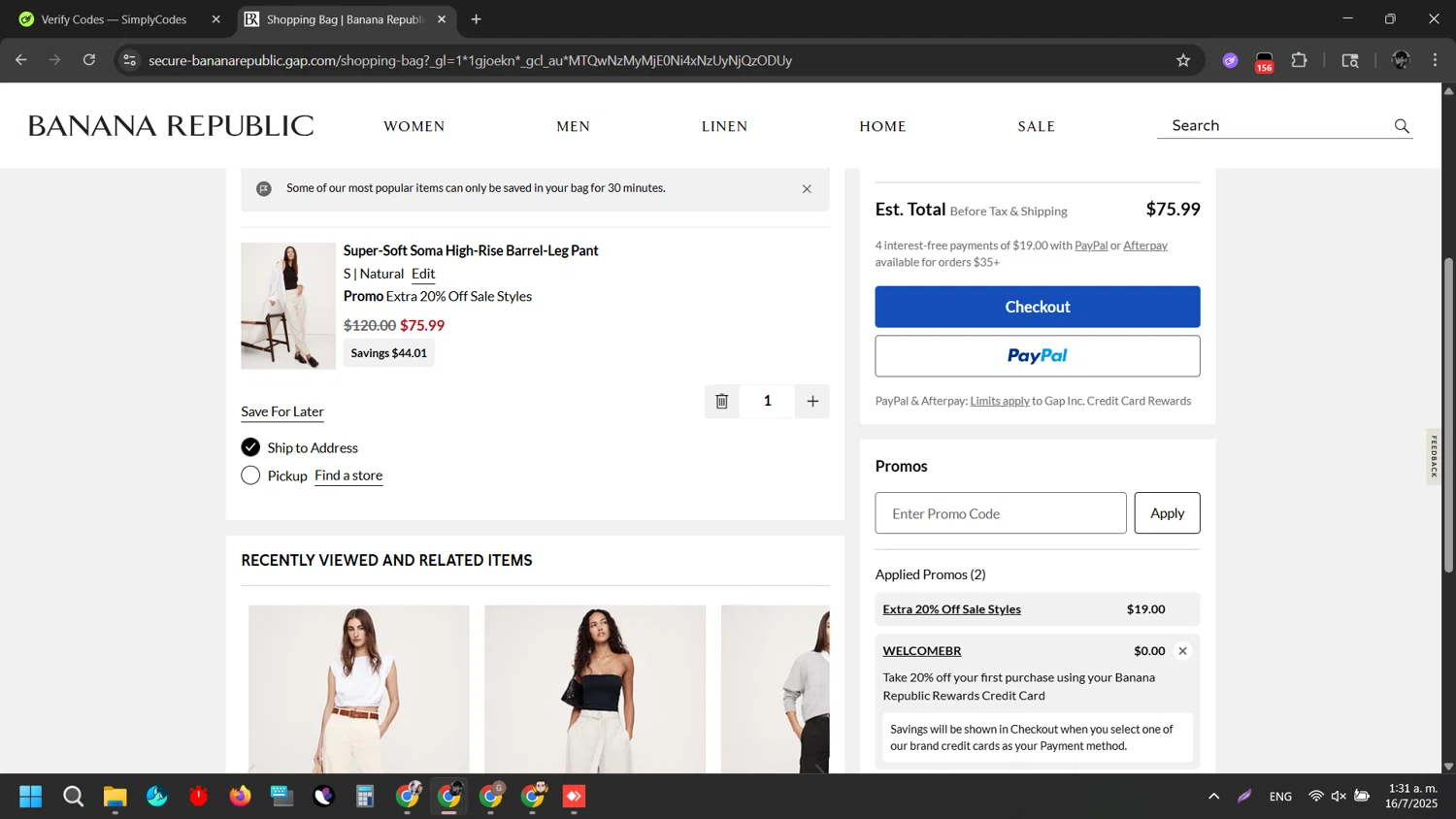 Banana Republic promo code screenshot showing code WELCOMEBR applied at Banana Republic checkout page. Uploaded by SimplyCodes community member ArizaJesus on Jul 16, 2025