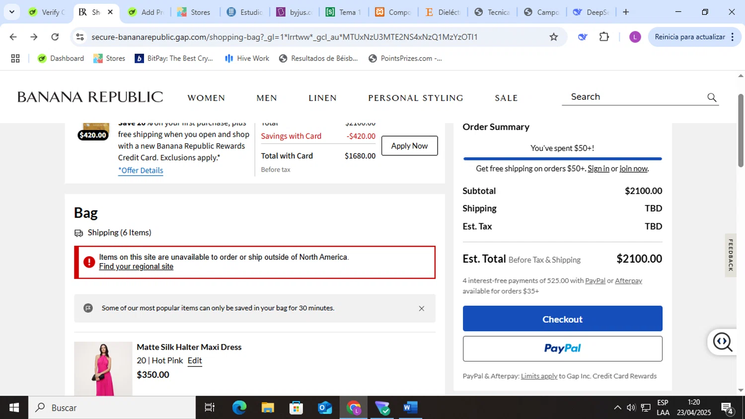Banana Republic promo code screenshot showing code WELCOMEBR applied at Banana Republic checkout page. Uploaded by SimplyCodes community member Gabrielromero23 on Apr 22, 2025
