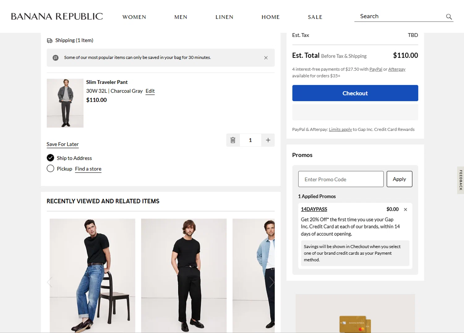 Banana Republic promo code screenshot showing code 14DAYPASS applied at Banana Republic checkout page. Uploaded by SimplyCodes community member MagnificentFalcon188 on Aug 8, 2025