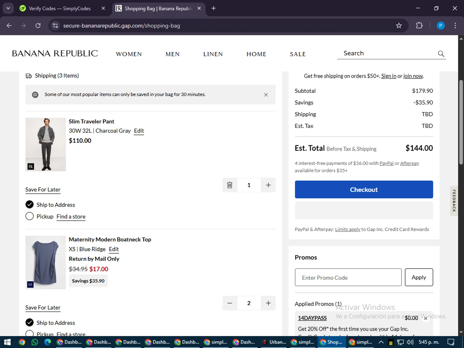 Banana Republic promo code screenshot showing code 14DAYPASS applied at Banana Republic checkout page. Uploaded by SimplyCodes community member juiceWRLD on Jul 24, 2025