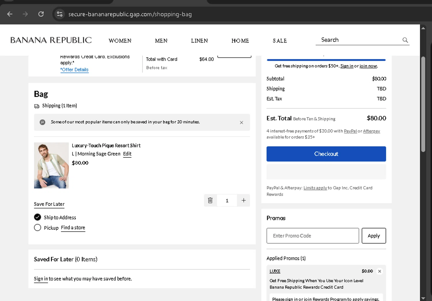 Banana Republic promo code screenshot showing code LUXE applied at Banana Republic checkout page. Uploaded by SimplyCodes community member BonusPro7395 on Jul 24, 2025