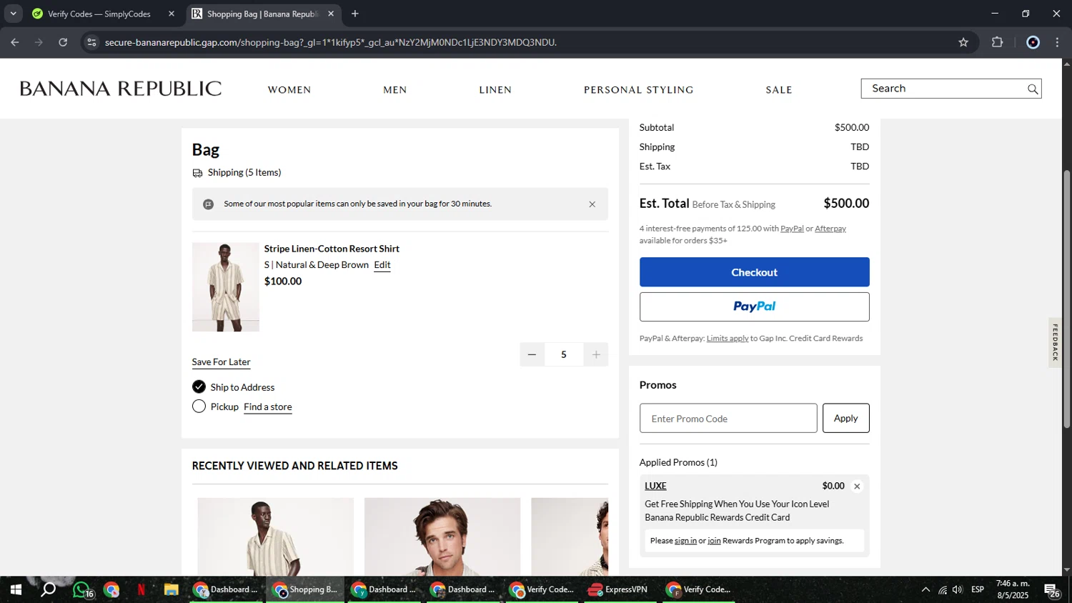 Banana Republic promo code screenshot showing code LUXE applied at Banana Republic checkout page. Uploaded by SimplyCodes community member RoyalBoss4384 on May 8, 2025