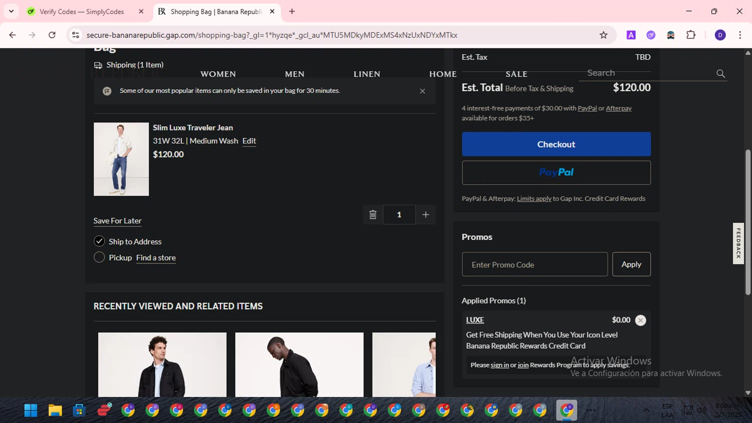 Banana Republic promo code screenshot showing code LUXE applied at Banana Republic checkout page. Uploaded by SimplyCodes community member WonderLion2890 on Jul 2, 2025