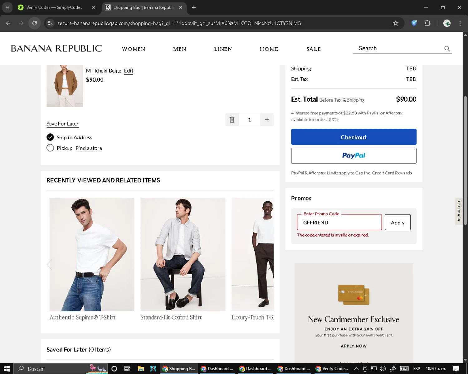 Banana Republic promo code screenshot showing code GFFRIEND applied at Banana Republic checkout page. Uploaded by SimplyCodes community member RebateCaptain6440 on Aug 24, 2025