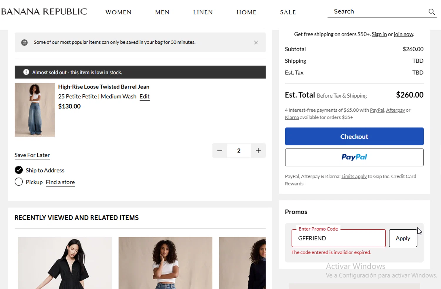 Banana Republic promo code screenshot showing code GFFRIEND applied at Banana Republic checkout page. Uploaded by SimplyCodes community member ligthYA on Aug 24, 2025