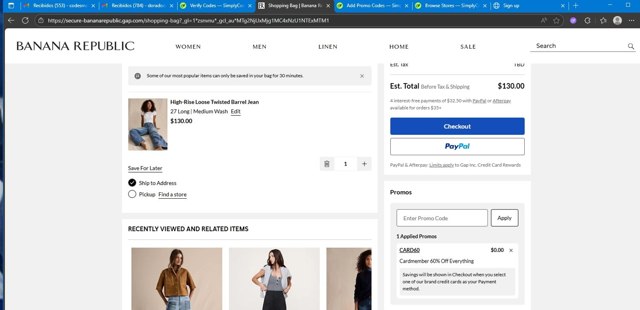 Banana Republic checkout page showing Banana Republic promo code box | Screenshot taken by SimplyCodes community member on Aug 18, 2025
