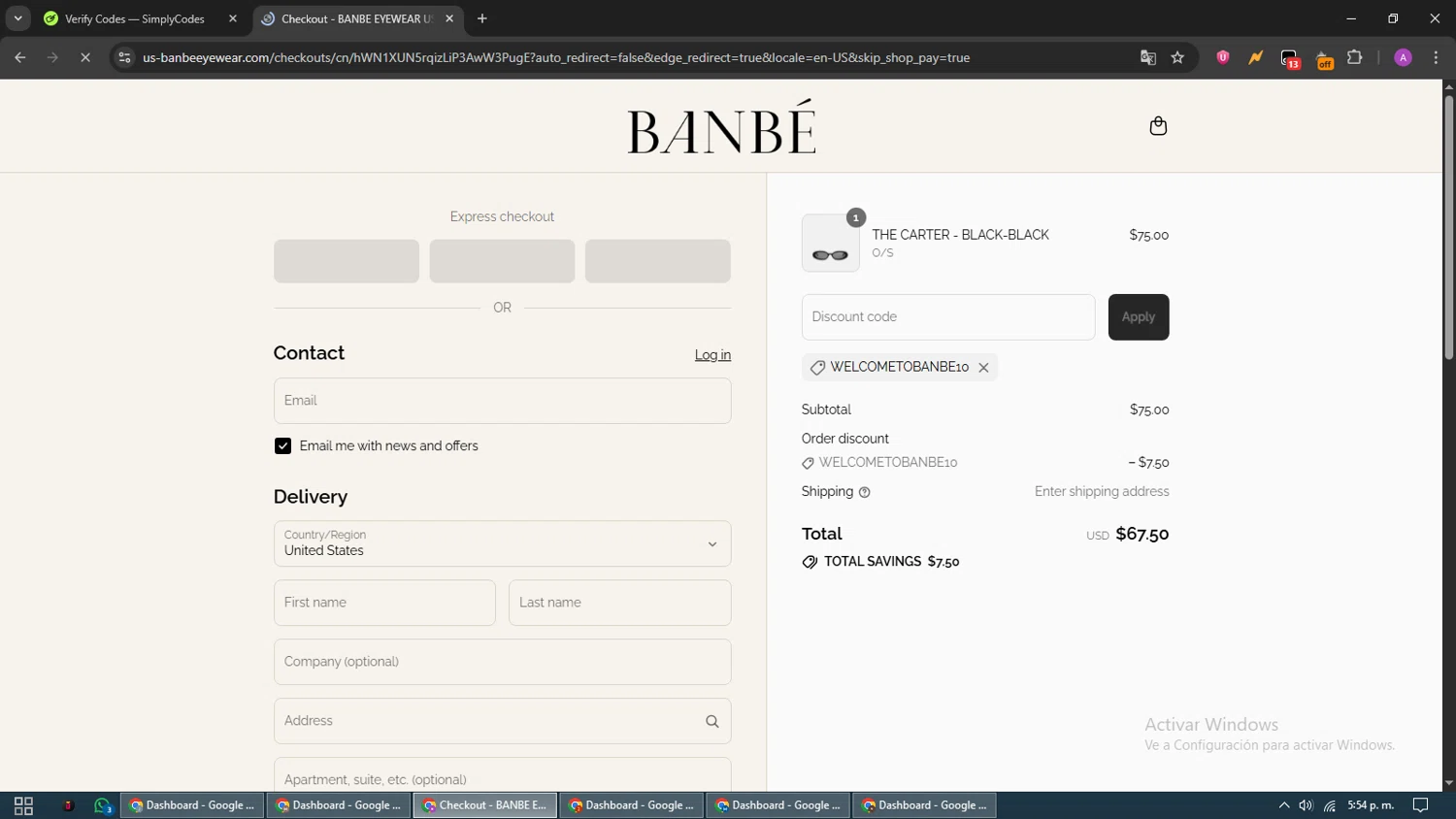 Banbe Eyewear discount code screenshot showing code WELCOMETOBANBE10 applied at Banbe Eyewear checkout page. Uploaded by SimplyCodes community member CouponScout5403 on Aug 7, 2025