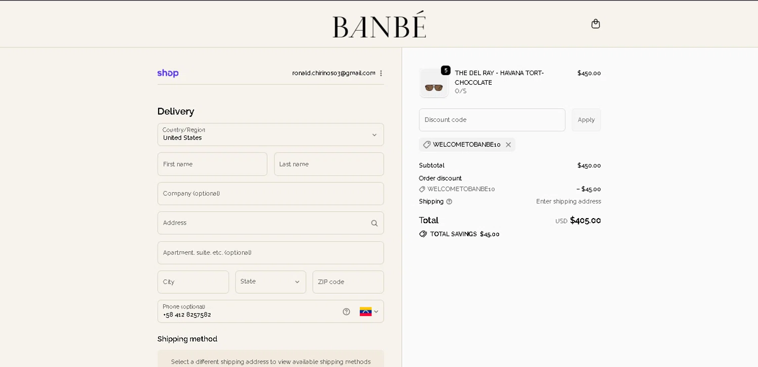 Banbe Eyewear discount code screenshot showing code WELCOMETOBANBE10 applied at Banbe Eyewear checkout page. Uploaded by SimplyCodes community member FortunateElite5130 on Nov 22, 2025