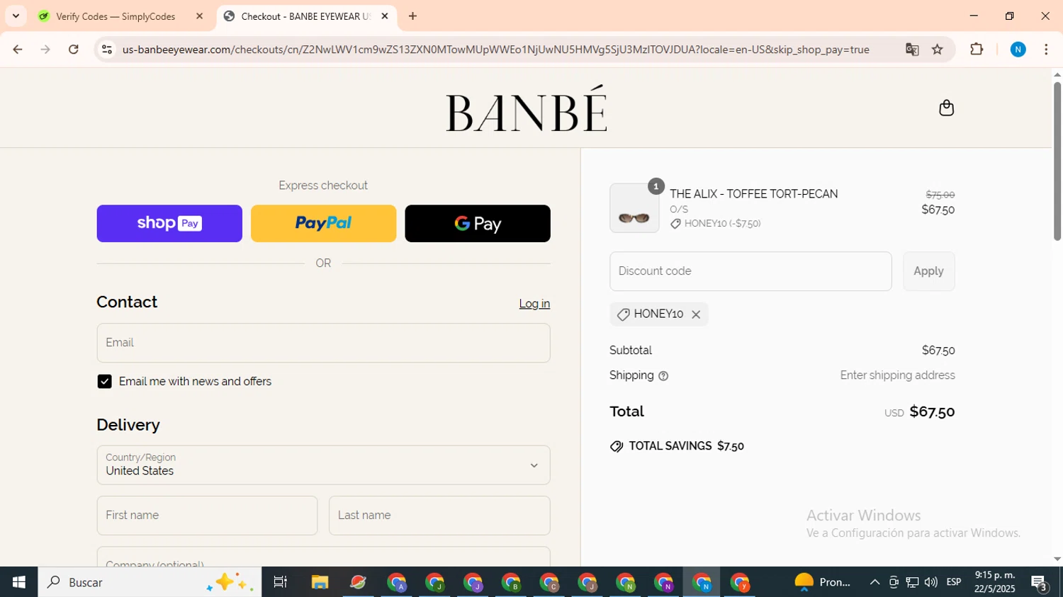 Banbe Eyewear discount code screenshot showing code HONEY10 applied at Banbe Eyewear checkout page. Uploaded by SimplyCodes community member CoinHawk678 on May 23, 2025