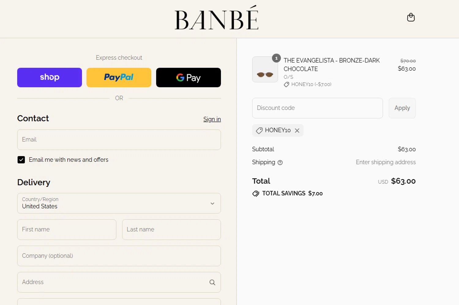 Banbe Eyewear discount code screenshot showing code HONEY10 applied at Banbe Eyewear checkout page. Uploaded by SimplyCodes community member lukeCallahannn on Sep 10, 2025