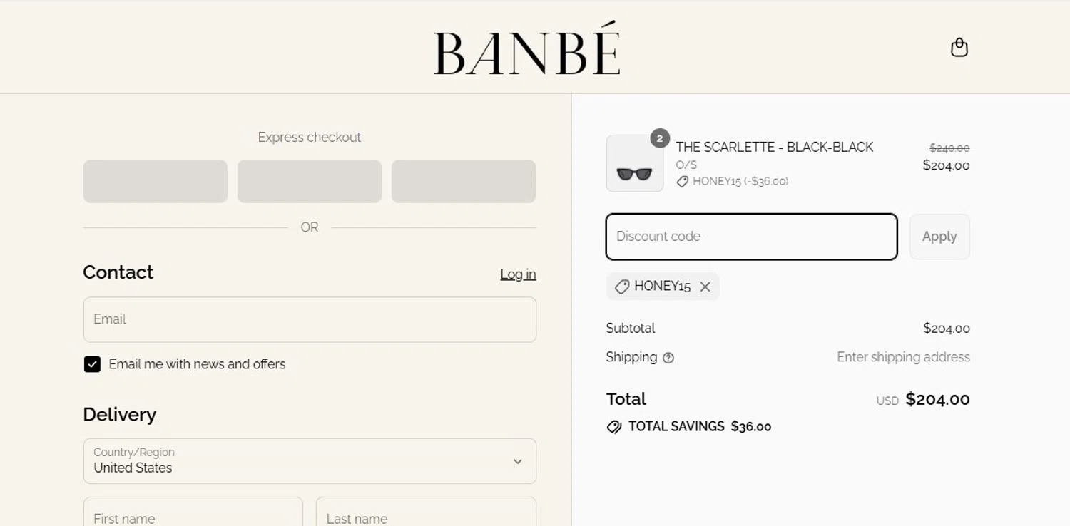Banbe Eyewear discount code screenshot showing code HONEY15 applied at Banbe Eyewear checkout page. Uploaded by SimplyCodes community member Olorinnnnn on Jul 26, 2025