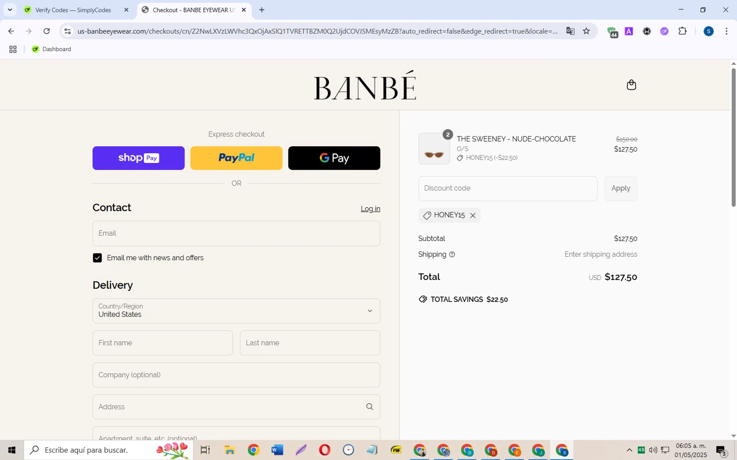 Banbe Eyewear discount code screenshot showing code HONEY15 applied at Banbe Eyewear checkout page. Uploaded by SimplyCodes community member CleverOwl2485 on May 1, 2025