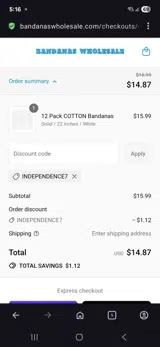 Bandanas Wholesale coupon verification screenshot