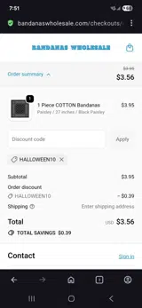 Bandanas Wholesale coupon verification screenshot