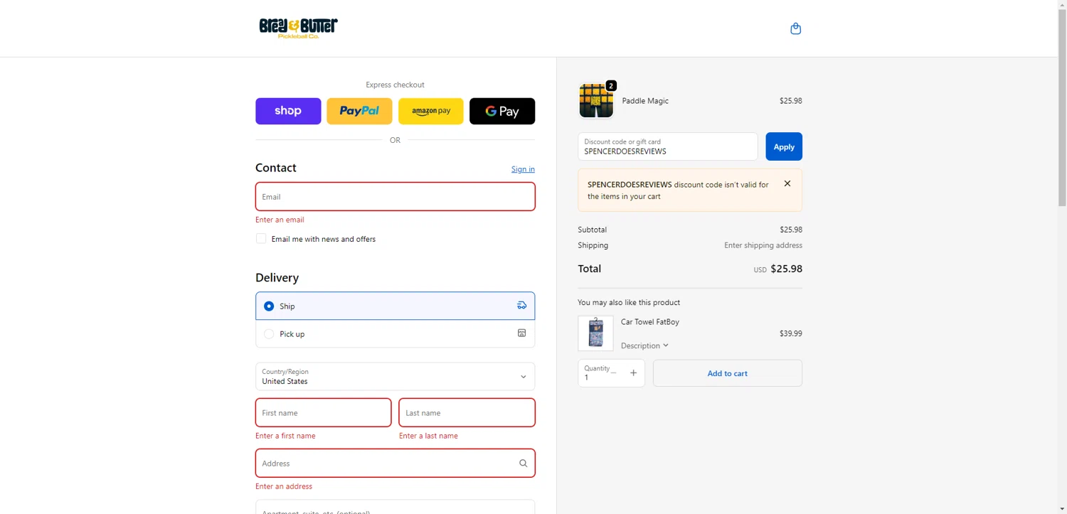 Bread & Butter Pickleball promo code screenshot showing code SPENCERDOESREVIEWS applied at Bread & Butter Pickleball checkout page. Uploaded by SimplyCodes community member ScanRanger3503 on Nov 10, 2025