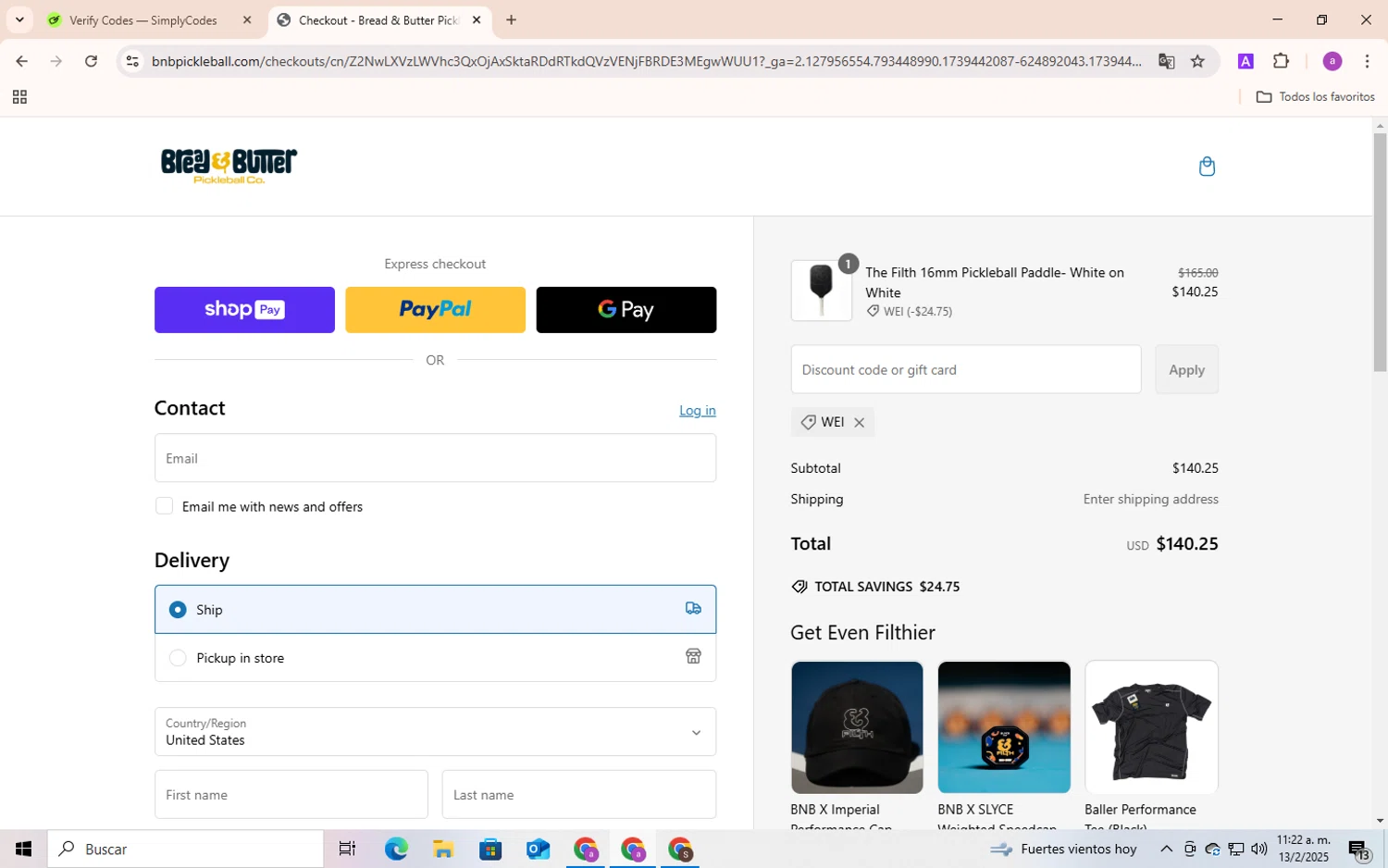 Bread & Butter Pickleball promo code screenshot showing code Wei applied at Bread & Butter Pickleball checkout page. Uploaded by SimplyCodes community member Andygar on Feb 13, 2025