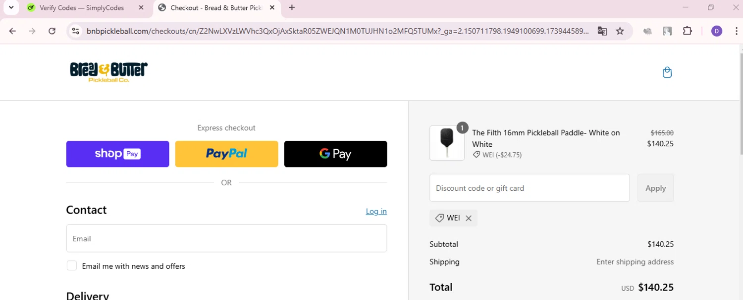 Bread & Butter Pickleball promo code screenshot showing code Wei applied at Bread & Butter Pickleball checkout page. Uploaded by SimplyCodes community member ShieldCurator2100 on Feb 13, 2025