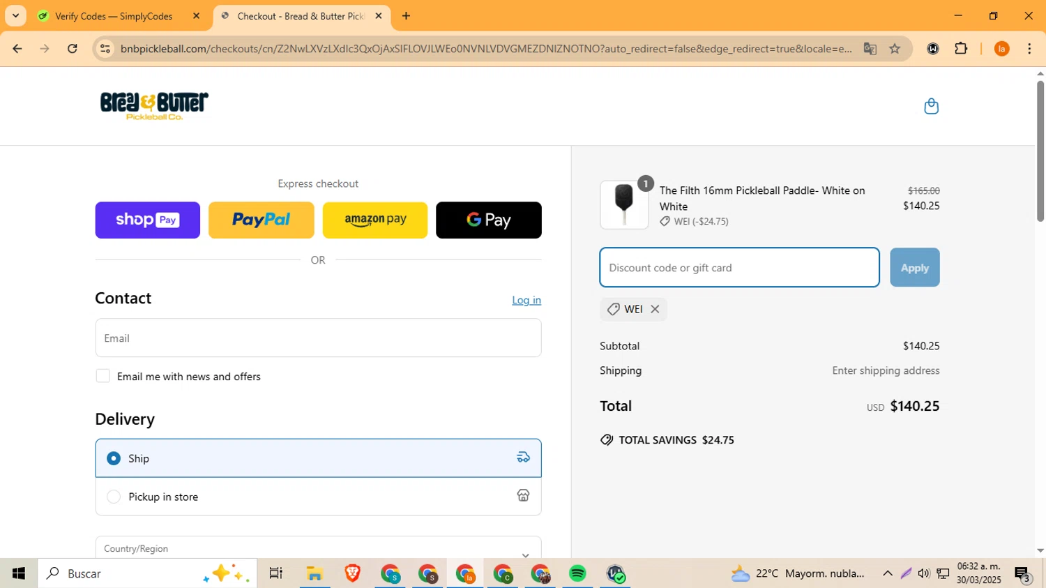 Bread & Butter Pickleball promo code screenshot showing code Wei applied at Bread & Butter Pickleball checkout page. Uploaded by SimplyCodes community member LegendaryFox4384 on Mar 30, 2025