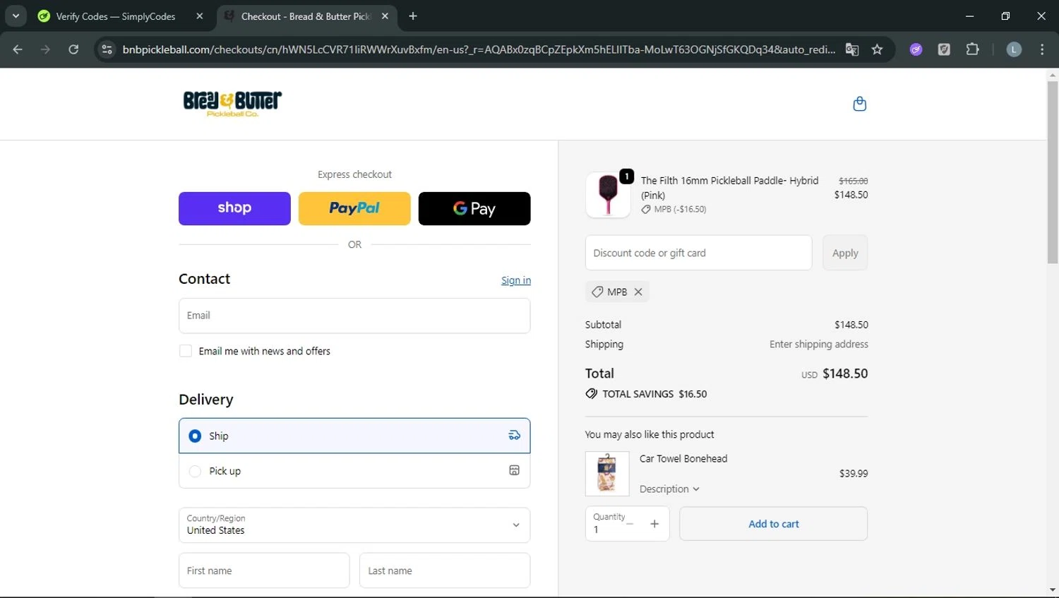 Bread & Butter Pickleball promo code screenshot showing code mpb applied at Bread & Butter Pickleball checkout page. Uploaded by SimplyCodes community member RoyalOwl5790 on Nov 16, 2025