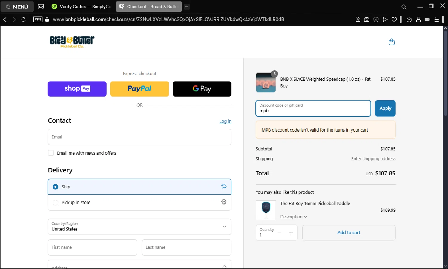 Bread & Butter Pickleball promo code screenshot showing code mpb applied at Bread & Butter Pickleball checkout page. Uploaded by SimplyCodes community member BonusDefender4693 on Mar 30, 2025