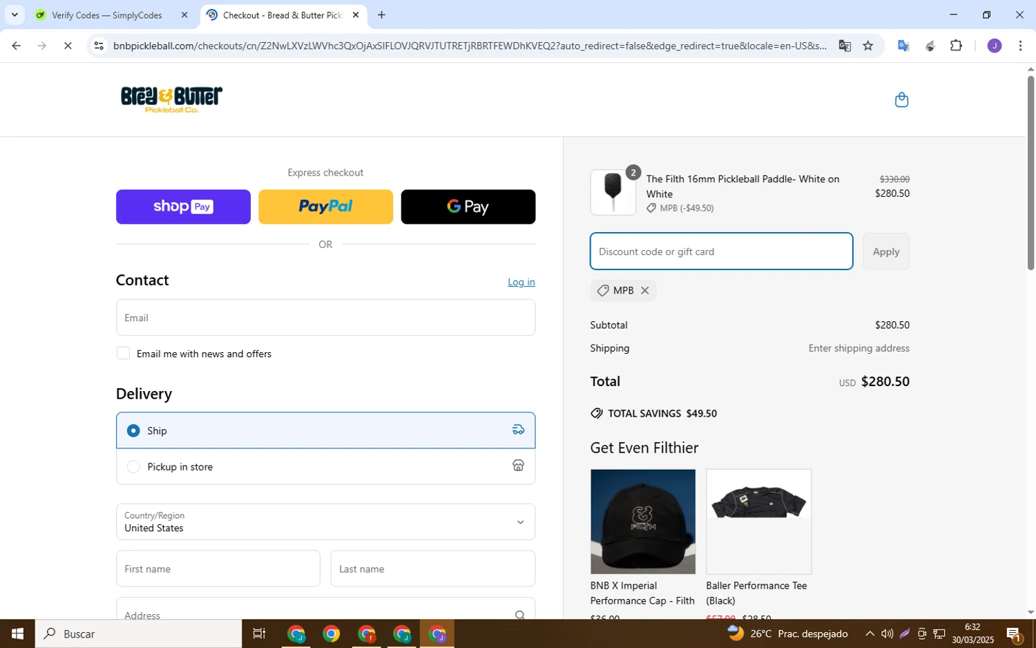 Bread & Butter Pickleball promo code screenshot showing code mpb applied at Bread & Butter Pickleball checkout page. Uploaded by SimplyCodes community member MoneyPro9023 on Mar 30, 2025
