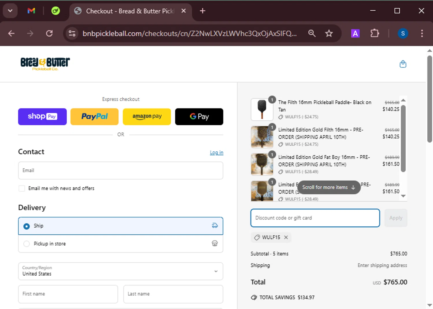 Bread & Butter Pickleball promo code screenshot showing code wulf15 applied at Bread & Butter Pickleball checkout page. Uploaded by SimplyCodes community member BrandoJose1 on Mar 31, 2025