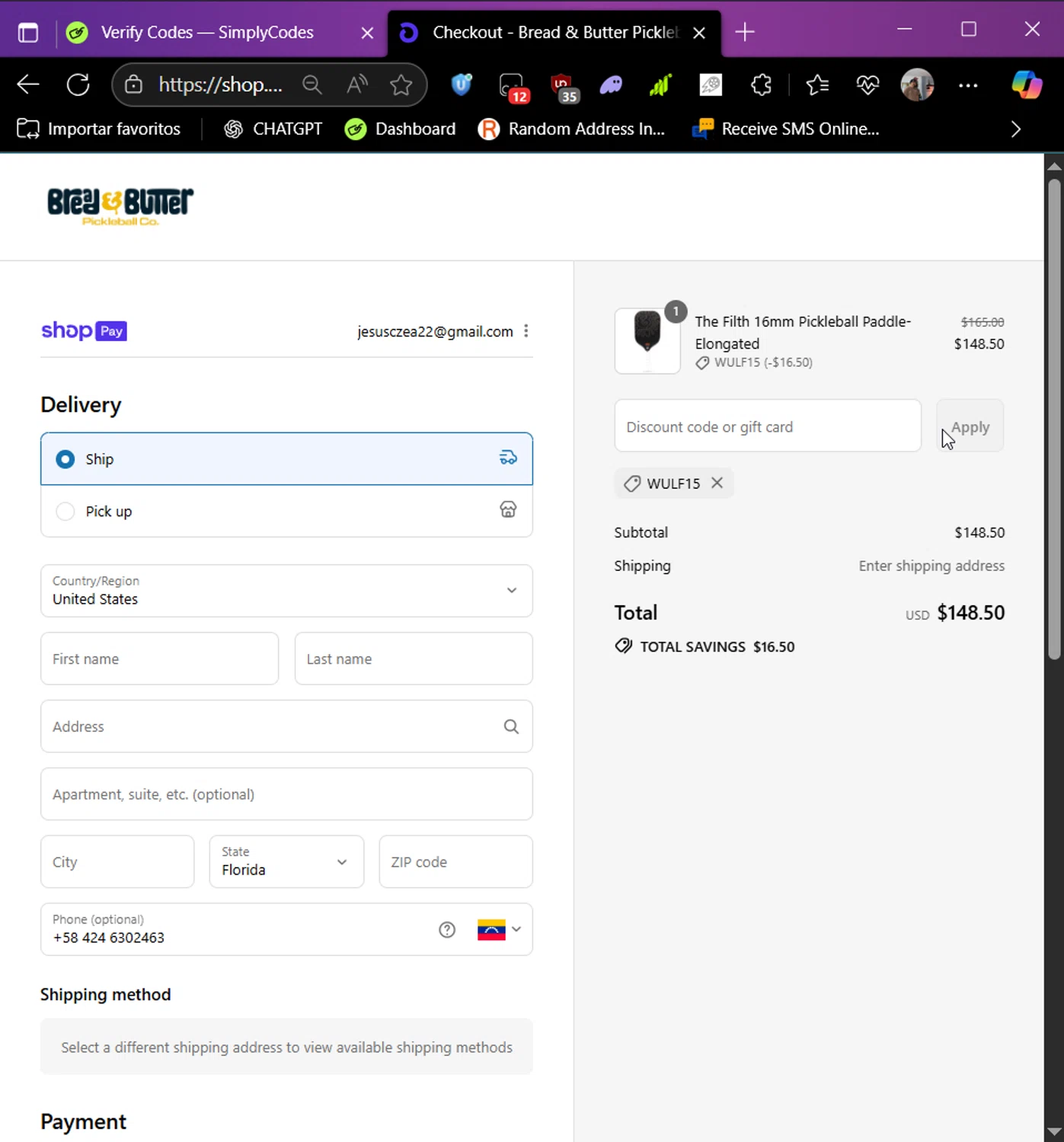 Bread & Butter Pickleball promo code screenshot showing code wulf15 applied at Bread & Butter Pickleball checkout page. Uploaded by SimplyCodes community member Raibelys_18 on Aug 14, 2025