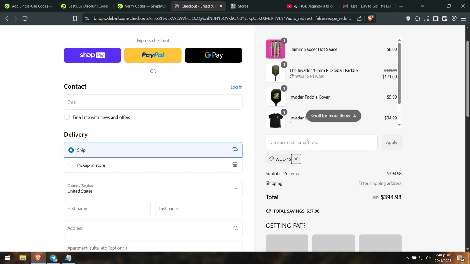 Bread & Butter Pickleball promo code screenshot showing code wulf15 applied at Bread & Butter Pickleball checkout page. Uploaded by SimplyCodes community member leonj9624 on Apr 20, 2025