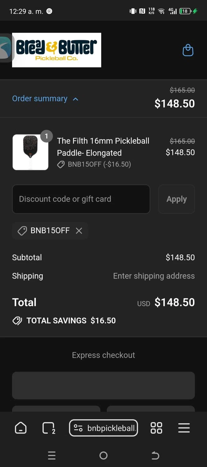 Bread & Butter Pickleball promo code screenshot showing code BNB15OFF applied at Bread & Butter Pickleball checkout page. Uploaded by SimplyCodes community member CouponNavigator9812 on Aug 6, 2025