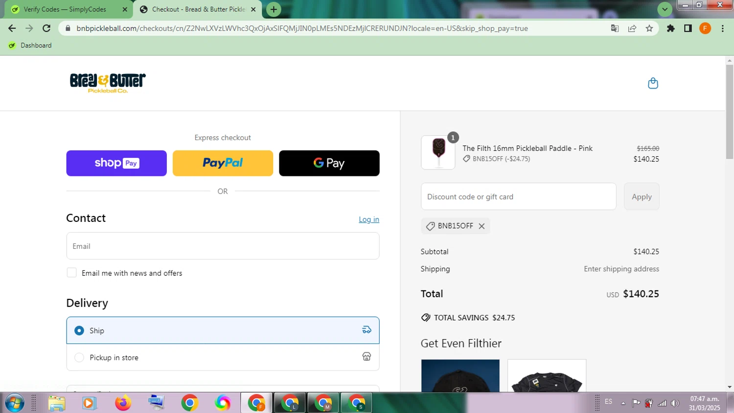 Bread & Butter Pickleball promo code screenshot showing code BNB15OFF applied at Bread & Butter Pickleball checkout page. Uploaded by SimplyCodes community member SavvyCollector9528 on Mar 31, 2025