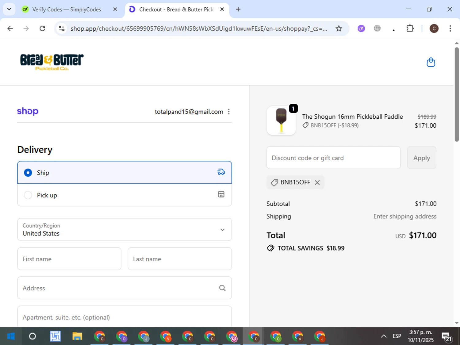 Bread & Butter Pickleball promo code screenshot showing code BNB15OFF applied at Bread & Butter Pickleball checkout page. Uploaded by SimplyCodes community member VictorL on Nov 10, 2025