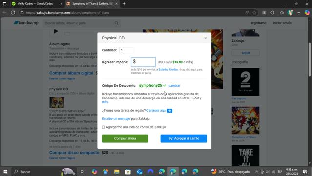 Bandcamp checkout page showing Bandcamp discount code box | Screenshot taken by SimplyCodes community member on Mar 26, 2025