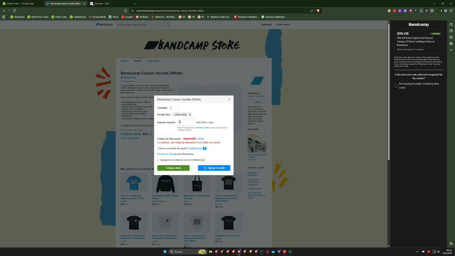 Bandcamp promo code screenshot showing code autumn25 applied at Bandcamp checkout page. Uploaded by SimplyCodes community member ilarrazaM4 on Jan 8, 2026