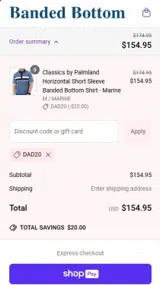 DAD20 coupon verification screenshot