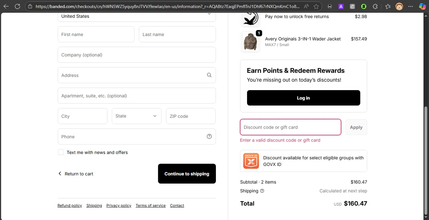 Banded Hunting Gear promo code screenshot showing code SAVE15 applied at Banded Hunting Gear checkout page. Uploaded by SimplyCodes community member LOVECOUPON on Nov 20, 2025