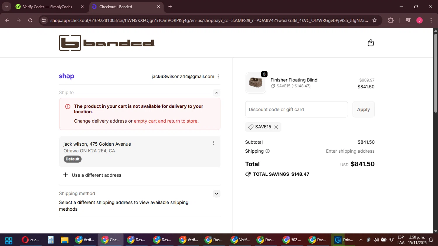 Banded Hunting Gear promo code screenshot showing code SAVE15 applied at Banded Hunting Gear checkout page. Uploaded by SimplyCodes community member JackWilson63 on Nov 15, 2025