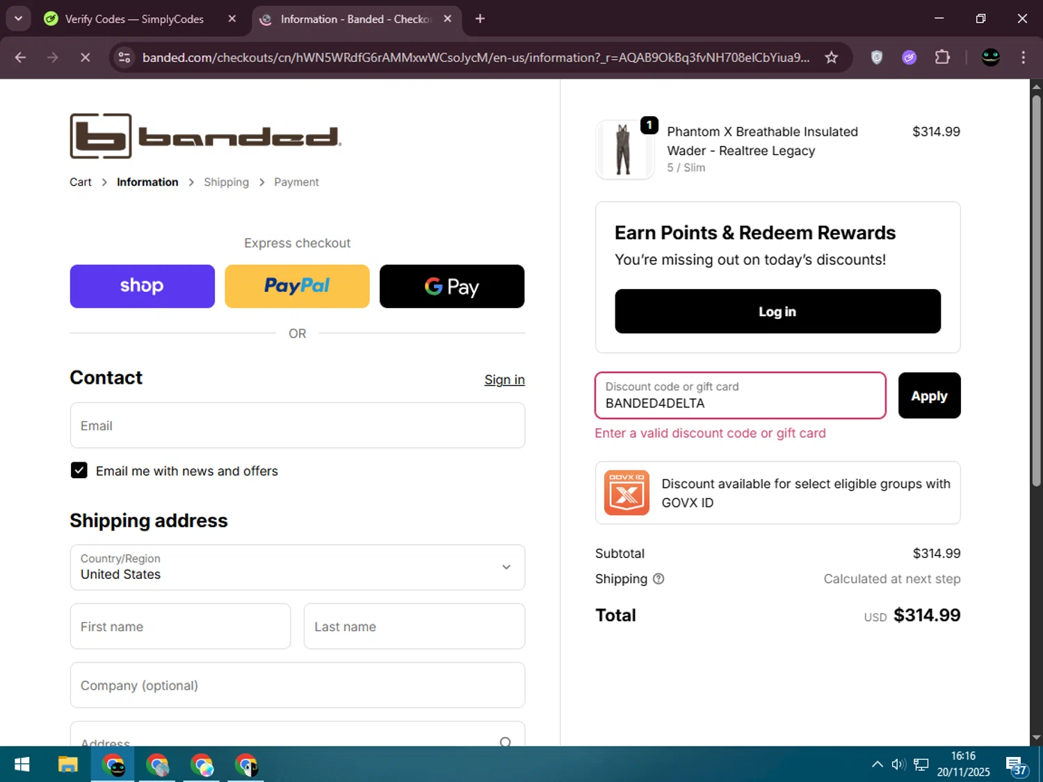 Banded Hunting Gear promo code screenshot showing code BANDED4DELTA applied at Banded Hunting Gear checkout page. Uploaded by SimplyCodes community member BargainWizard5755 on Nov 20, 2025