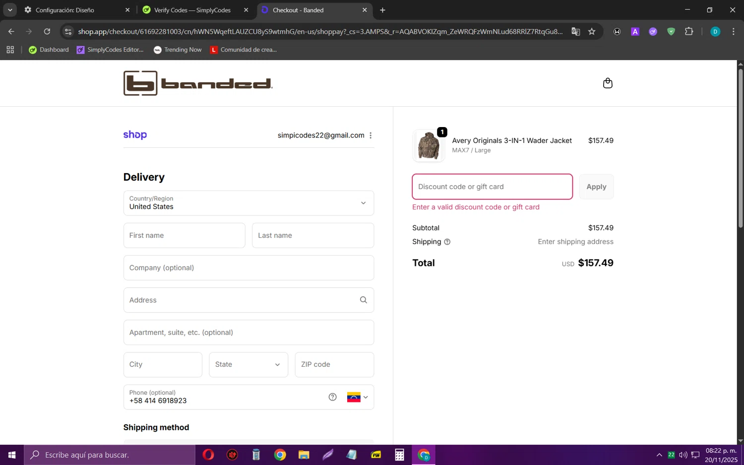 Banded Hunting Gear promo code screenshot showing code BANDED4DELTA applied at Banded Hunting Gear checkout page. Uploaded by SimplyCodes community member MagnificentCollector5368 on Nov 21, 2025