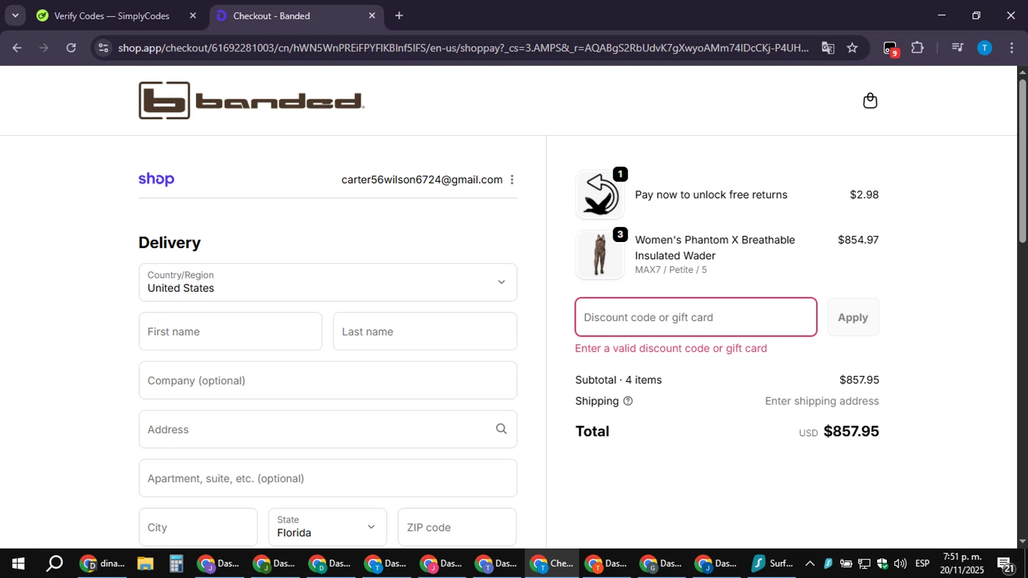 Banded Hunting Gear promo code screenshot showing code SAVE25 applied at Banded Hunting Gear checkout page. Uploaded by SimplyCodes community member LuckyPioneer4530 on Nov 20, 2025