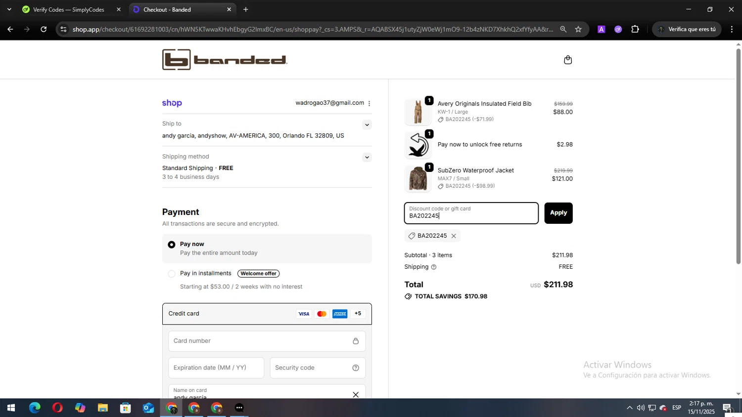 Banded Hunting Gear checkout page showing Banded Hunting Gear promo code box | Screenshot taken by SimplyCodes community member on Nov 15, 2025