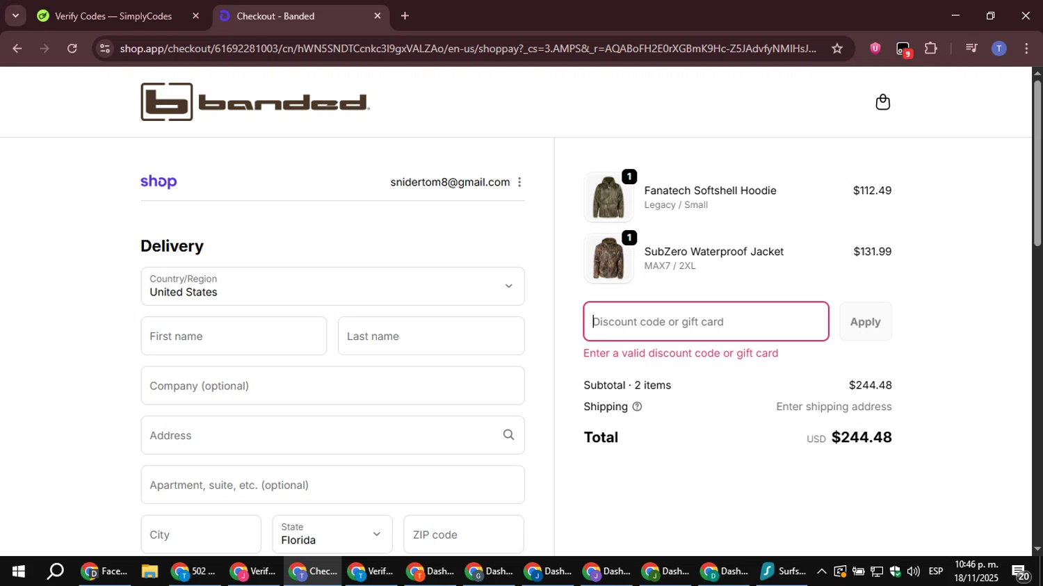 Banded Hunting Gear promo code screenshot showing code Dakota217 applied at Banded Hunting Gear checkout page. Uploaded by SimplyCodes community member snidertom8 on Nov 19, 2025
